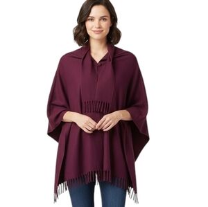 Burgundy Cape Bat Wing Poncho with Scarf Fringed Hem